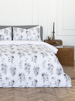 Комплект постельного белья 2,0сп DE'NASTIA Ботаника принт (наволочка 50x70см,пододеяльник 175x210см,простыня 215x240см)белый/бежевый сатин-твил хлопок 000000000001230675
