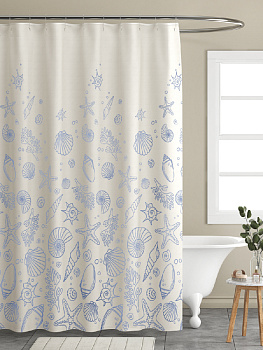 Шторка для ванной 180x200см DE'NASTIA Ракушки с водоотталкивающей пропиткой молочный/голубой полиэстер 000000000001204410