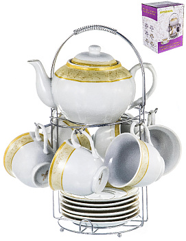 Набор чайный фарфор 13шт 6 чашек 220мл+6блюдец+чайник1200мл металлический стенд подарочная упаковка ВЕНЕРА GUTERWAHL 114-17052 000000000001193923
