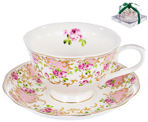 Чайная пара чашка 250мл + блюдце, розы в золоте, подарочная упаковка,122-05006 000000000001181585