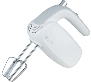Миксер ECON, мощность 250Вт, 5 скоростей, насадки для взбивания яиц, крема, теста, материал корпуса пластик, цвет корпуса белый с серебром 000000000001220051