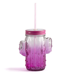 Кружка-банка с трубочкой 480мл Кактус стекло 000000000001217379