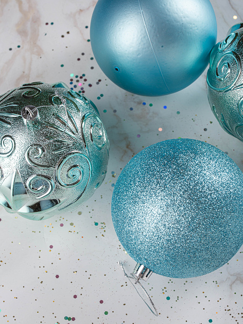 Набор украшений декоративных 4шт голубой (шар матовый 10см-1шт, шар с блестками 10см-1шт, шар с рисунком 10см-2шт) 000000000001208298