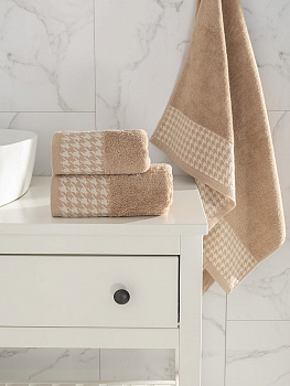 Полотенце махровое 70x130см DE'NASTIA Бордюр гусиная лапка бежевый хлопок 100% 000000000001219823