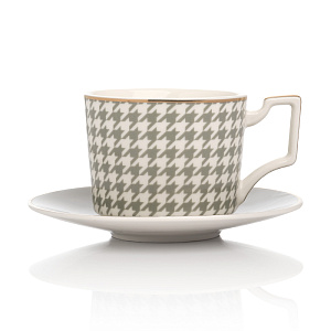 Пара чайная 220мл/блюдце DE'NASTIA Гусиная лапка белый/мятный фарфор 000000000001221007