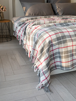 Покрывало 200x220см DE'NASTIA клетка серый/белый хлопок 000000000001229649