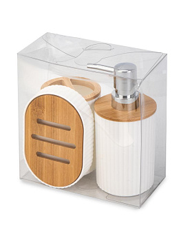 Набор для ванной 3предмета (диспенсер для мыла 250мл 7,6х16см, держатель для зубных щеток 7,6х11см, мыльница 12,8х8,4х2,4см) белый полипропилен/бамбук 000000000001226621