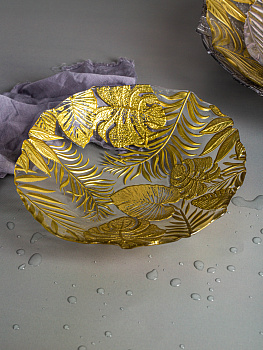 Блюдо сервировочное 22см EFE GLASS Листья золото стекло 000000000001213520