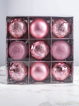 Набор украшений декоративных 9шт розовый пластик (шар матовый 6см-2шт, шар с блестками 6см-2шт, шар с рисунком 6см-5шт) 000000000001208302