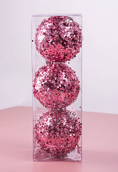 Набор новогодних шаров 3шт 8см Пайетки бусины розовая роза пластик 000000000001208648