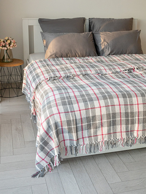 Покрывало 200x220см DE'NASTIA клетка серый/белый хлопок 000000000001229649