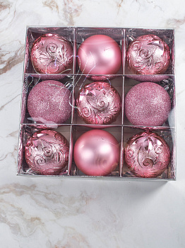 Набор украшений декоративных 9шт розовый пластик (шар матовый 6см-2шт, шар с блестками 6см-2шт, шар с рисунком 6см-5шт) 000000000001208302
