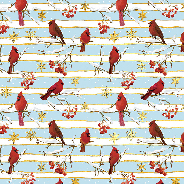 Упаковочная бумага Зимние птицы в рулонах, мелованная с двух сторон, с полноцветным декоративным рисунком, плотность 80 г/м2 70х100с 000000000001191362
