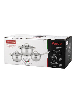 Набор посуды для приготовления 6 предметов SERVITTA Verde (ковш 1,8 л/кастрюля 2,3 л/кастрюля 3,3л) нержавеющая сталь 000000000001229037