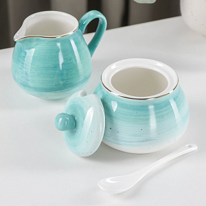 Сервиз чайный 15 предметов (чашка-6шт/блюдце-6шт/молочник/чайник/сахарница) ДОЛЯНА Млечный путь бирюза фарфор 000000000001210617