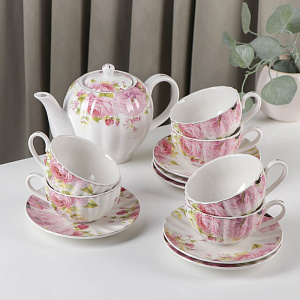 Сервиз чайный 13 предметов (чайник 700мл/чашка 250мл-6шт/блюдце-6шт) ДОЛЯНА Вдохновение фарфор 000000000001210615