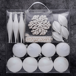 Набор украшений 25шт белый пластик(шар матовый+с рисунком 8см по 4шт,сосулька 15см-6шт,снежинка 10х10см-6шт,шишка 4,5х8,5см-4шт,бусы360см) 000000000001208312