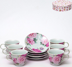 Набор чайный фарфор 12шт (6 чашек 220мл + 6 блюдец) подарочная упаковка Флора Пастель Olaff 124-01167 000000000001200546