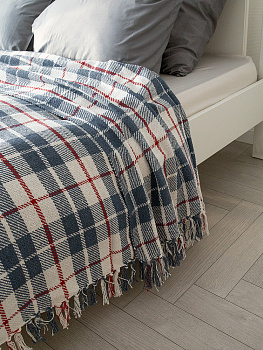 Покрывало 200x220см DE'NASTIA клетка синий/белый хлопок 000000000001229647