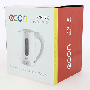 Чайник 1,7л ECON ECO-1711KE мощность 2200Вт. Светодиодная подсветка. Отключение при закипании, отсутствии воды. Корпус белый пластик 000000000001212412