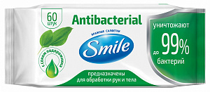 Салфетки влажные 60шт SMILE Antibacterial с подорожником D пантенолом 42112730 000000000001205314