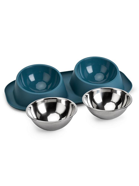 Миска для животных41х22х8,5смдвойная со съемными чашами mix ПП/нержавеющая сталь 000000000001229120