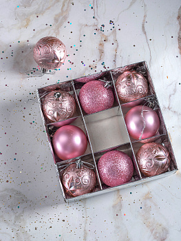 Набор украшений декоративных 9шт розовый пластик (шар матовый 6см-2шт, шар с блестками 6см-2шт, шар с рисунком 6см-5шт) 000000000001208302