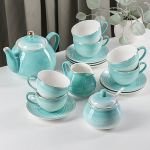 Сервиз чайный 15 предметов (чашка-6шт/блюдце-6шт/молочник/чайник/сахарница) ДОЛЯНА Млечный путь бирюза фарфор 000000000001210617