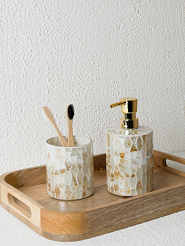 Диспенсер для жидкого мыла 400мл 8,3x8,3x17см DE'NASTIA мозаика мрамор золотой/белый стекло/пластик 000000000001229624