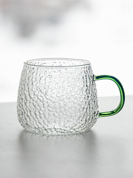 Кружка 450мл LUCKY зеленая ручка фактурное боросиликатное жаропрочное стекло 000000000001217907