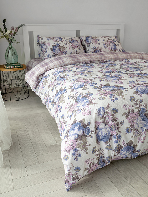 Комплект постельного белья2спDE'NASTIA (пододеяльник175х210см простыня215х240см наволочки50x70см-2шт) Dream Пионы/Клетка фиолетовый/белый жатый хлопок 000000000001227500