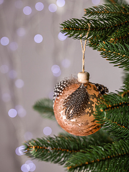 Набор новогодних шаров 3шт 8см с пером и деревянным крючком шампань пластик 000000000001209020