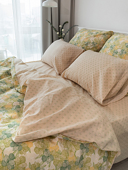 КомплектПостельногоБельяЕвроDE'NASTIA(пододеяльник200х220смПростыня230х260смНаволочки50x70см2шт70х70см2шт)ФлёрОрхидеиОрнаментЗеленыйБежевыйЖатыйХлопок 000000000001227504