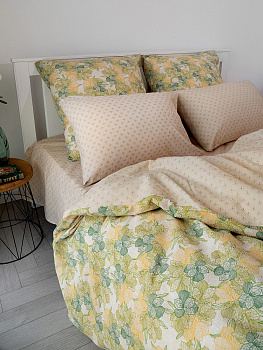 КомплектПостельногоБельяЕвроDE'NASTIA(пододеяльник200х220смПростыня230х260смНаволочки50x70см2шт70х70см2шт)ФлёрОрхидеиОрнаментЗеленыйБежевыйЖатыйХлопок 000000000001227504