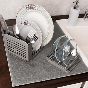 Набор сушилка 3 секции+коврик для посуды DE'NASTIA темно-серый пластик/полиэстер 000000000001210340
