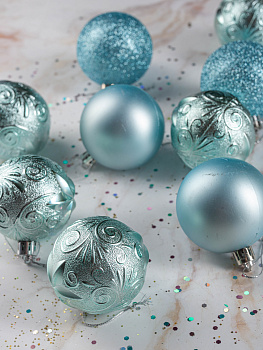 Набор украшений декоративных 9шт голубой пластик (шар матовый 6см-2шт, шар с блестками 6см-2шт, шар с рисунком 6см-5шт) 000000000001208296