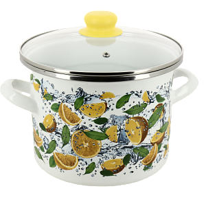 Кастрюля 5л цилиндрической формы со стекленной крышкой, полыми ручками, белая внутри, белая снаружи с деколью Апельсин стальная эмалированная 000000000001199100