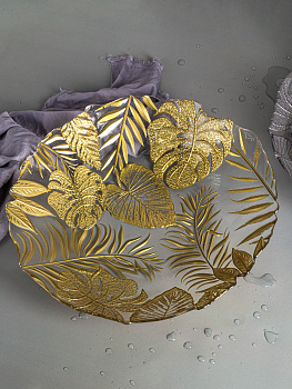 Блюдо сервировочное 22см EFE GLASS Листья золото стекло 000000000001213520