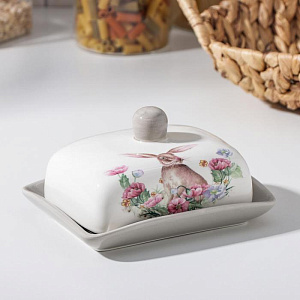 Масленка 17х12х8,5см ДОЛЯНА Зайка белый керамика 000000000001210834