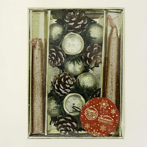 Набор свечей 4шт 3,5х11х15см Шишки и шарики с подсвечником 000000000001209795