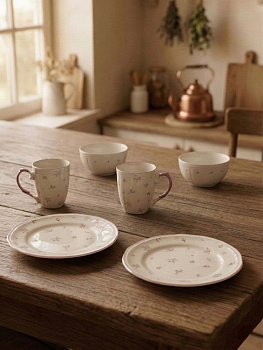 Набор столовой посуды 6 предметов DE'NASTIA vintage breakfast цветочный принт фиолетовая кайма фарфор 000000000001231308