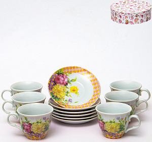 Набор чайный фарфор 12шт (6 чашек 220мл + 6 блюдец) подарочная упаковка Флора Букет Olaff 124-01166 000000000001200545