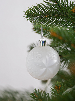 Набор украшений декоративных 25шт белый пластик (шар матовый+с рисунком 8см по 4шт,сосулька 15см-6шт,олень 13х14см-6шт,шишка 4,5х8,5см-4шт,бусы 360см) 000000000001208311