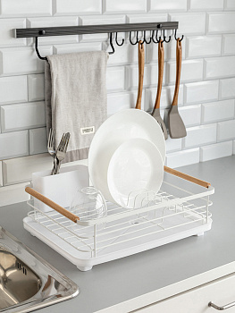 Сушилка кухонная 42x30x16см DE'NASTIA с поддоном и ручками белый железо/ПП/бук 000000000001227723