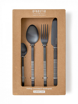Набор столовых приборов 4 предмета (ложка чайная, ложка столовая, нож столовый, вилка столовая) DE'NASTIA Орион лазер матовый черный нержавеющая сталь 000000000001229637