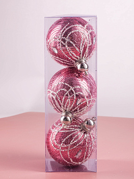 Набор новогодних шаров 3шт 8см Паутинка розовая роза пластик 000000000001208654