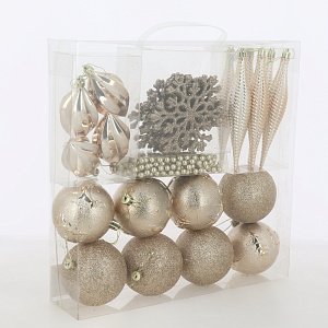 Набор украшений 25шт золото пластик(шар матовый+с рисунком 8см по 4шт,сосулька 15см-6шт,снежинка 10х10см-6шт,шишка 4,5х8,5см-4шт,бусы 360см) 000000000001208294