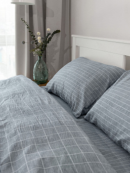Комплект постельного белья 1,5спDE'NASTIA(пододеяльник 145х210см, простыня 150х215см, наволочки 50x70см-2шт) Идиллия Полоска/Клетка серый жатый хлопок 000000000001227511