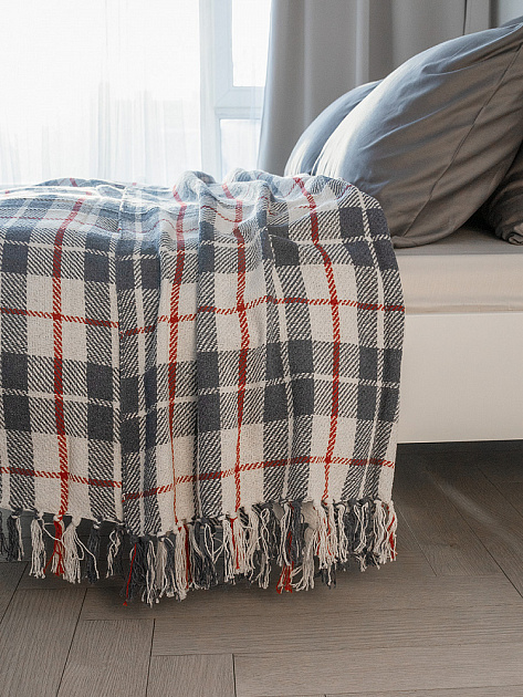 Покрывало 150x200см DE'NASTIA клетка синий/белый хлопок 000000000001229646