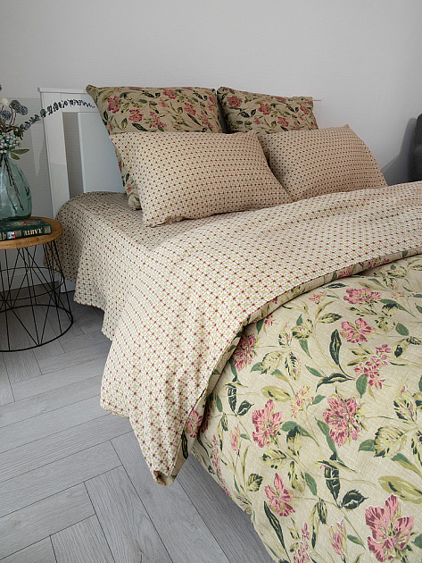 КомплектПостельногоБельяЕвроDE'NASTIA(пододеяльник200х220Простыня230х260Наволочки50x70см2шт70х70см2шт)VisionЦветыОрнаментЗеленыйТемноРозовыйЖатыйХлопо 000000000001227507